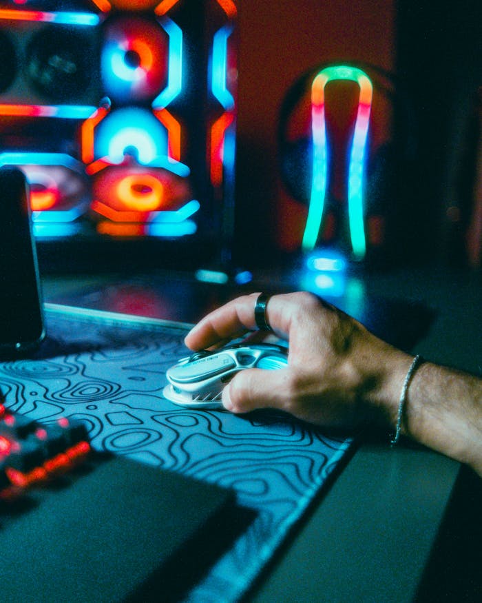 Hand operating a gaming mouse with vibrant neon lights in an atmospheric tech setting.